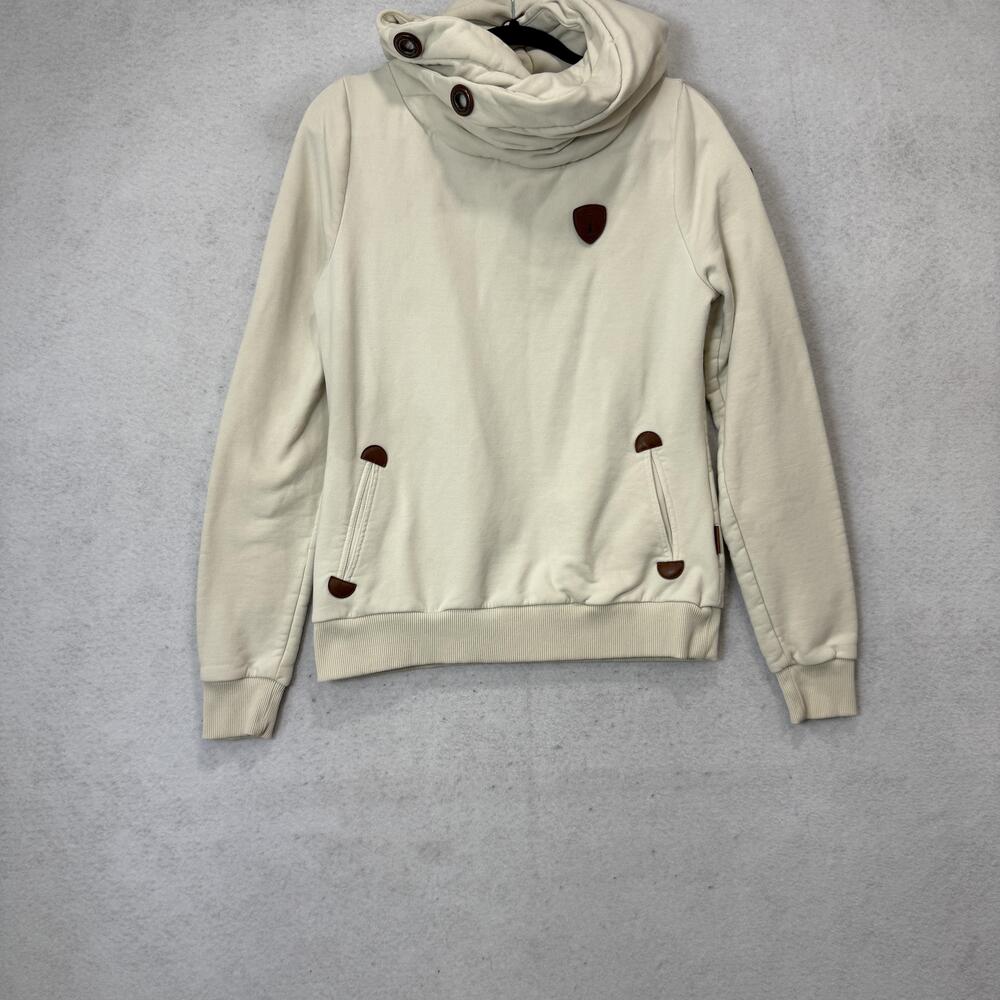 Wanakome Hoodie Womens Medium Beige Cowl Neck Fleece Pullover Pockets Logo